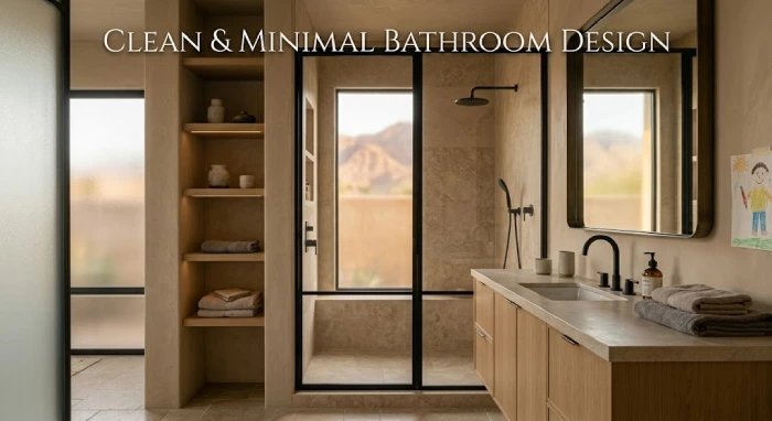 Modern simple bathroom with neutral tones and clean design.