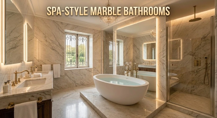 Luxury marble bathroom with spa features and elegant design.
