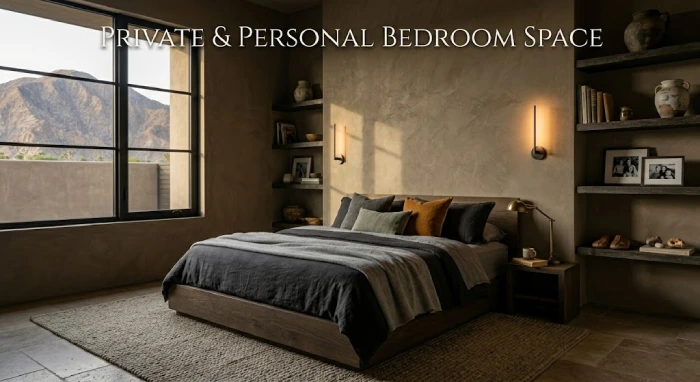 Modern bedroom with warm lighting and minimalist design.