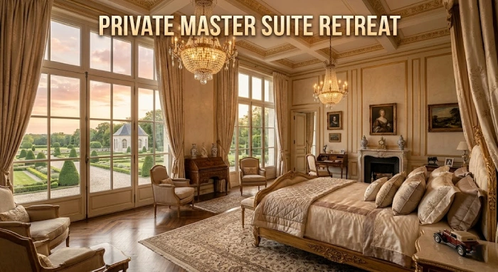 Luxury master bedroom with large windows and elegant decor.