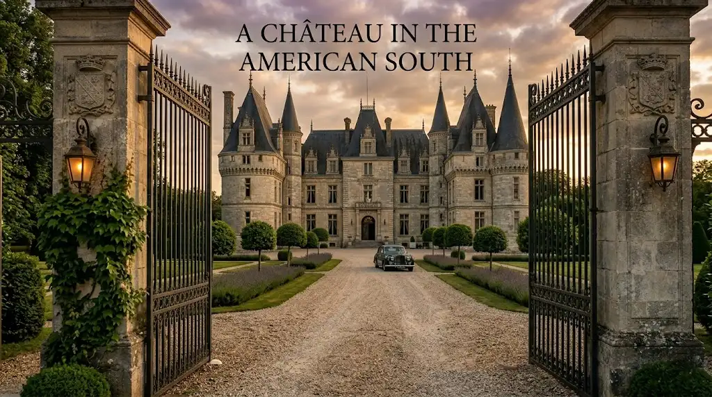Grand entrance gate opening to reveal a French-style luxury mansion.