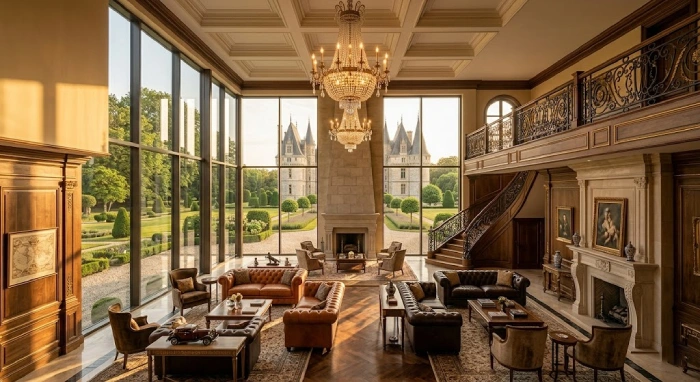 Two-story luxury great room with large windows and elegant interior design.