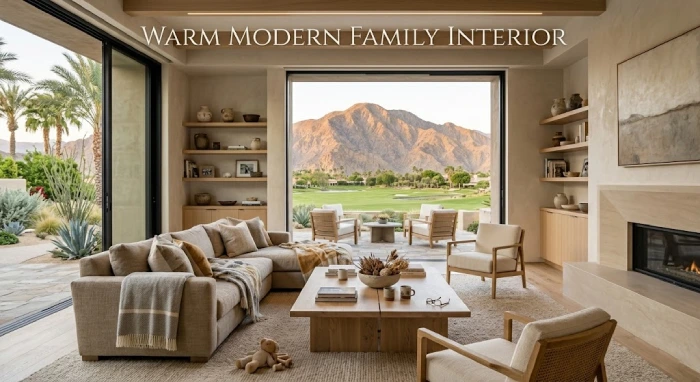 Cozy modern living room with natural light and mountain views.