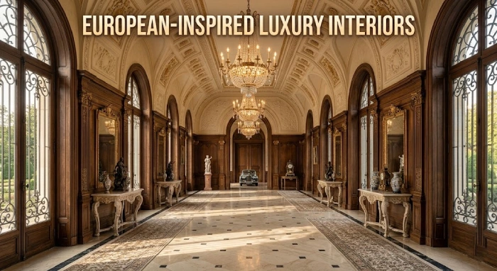 Elegant mansion hallway with wood paneling, marble floors, and luxury design.