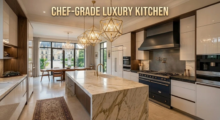 Luxury kitchen with marble island and high-end appliances.