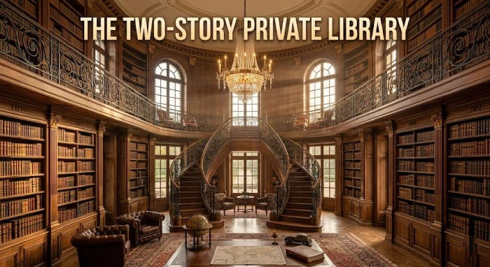 Elegant two-story library with bookshelves and staircase.