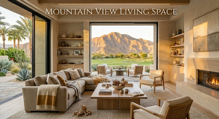 Living room with large windows and desert mountain views.