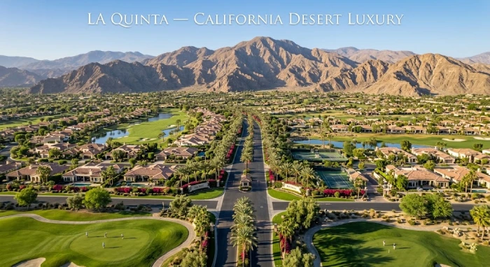 Luxury desert neighborhood in La Quinta with mountain views and gated homes.