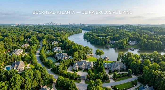 Luxury gated neighborhood in Buckhead Atlanta with private estates and greenery.