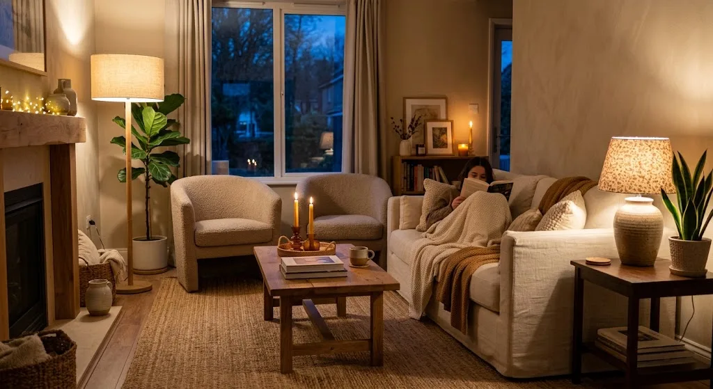 Layered lighting in cozy living room