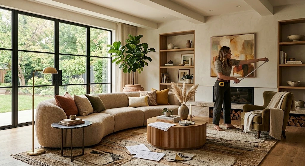 Measuring a living room wall to determine the correct sofa size.
