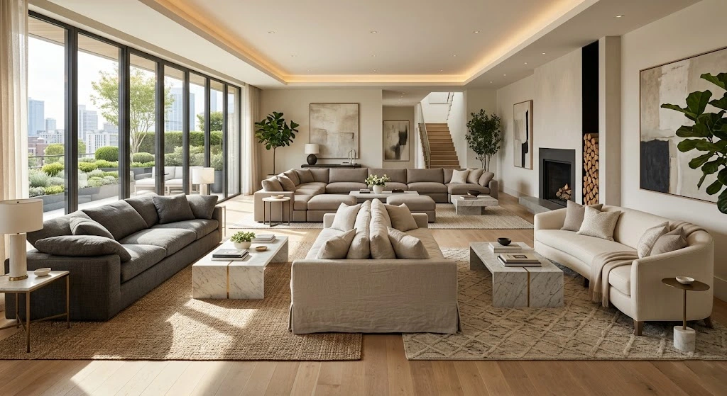 Luxury living room displaying curved, modular, deep-seat, and slipcovered sofa styles in one elegant interior.
